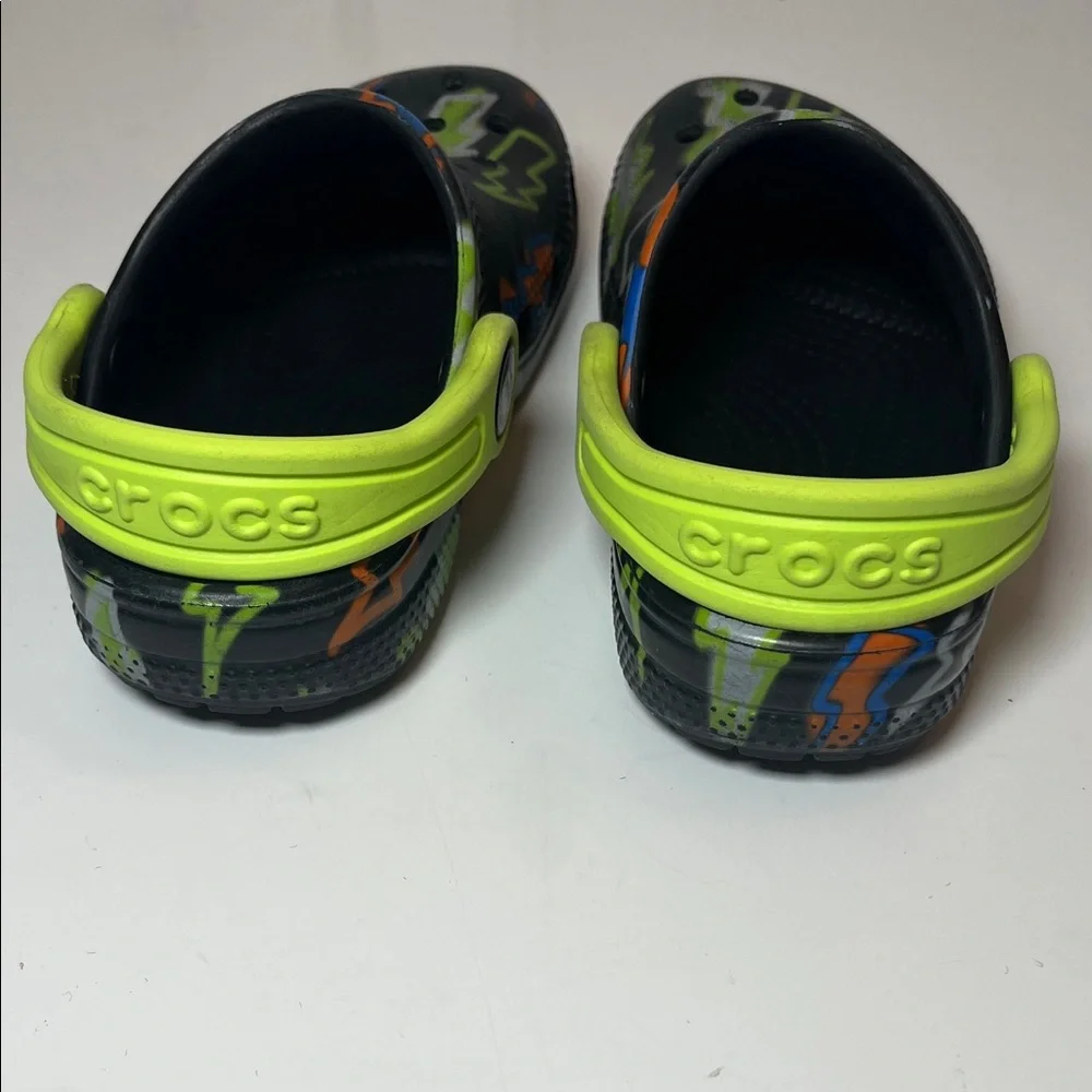 CROCS Kids size C 7 Black with Neon Green, Orange, Blue & lighting bolt design